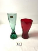 A WHITEFRIARS LEAD CRYSTAL GREEN GLASS WAISTED VASE, 22 CMS, AND A WHITEFRIARS RUBY RED GLASS VASE.