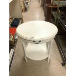 A MODERN OVAL CREAM COLOURED SINGLE DRAWER SIDE TABLE, 60X45X70.