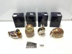 FOUR BOXED ROYAL CROWN DERBY PIECES DUCK, BARN OWL, ARMADILLO AND PUFFIN