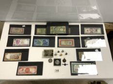 A QUANTITY OF WORLD BANK NOTES - AMERICAN DOLLARS AND MORE, AND A SILVER AND ENAMEL RAC BROOCH,
