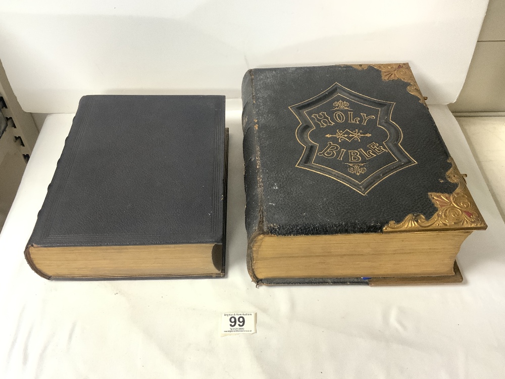 A VICTORIAN BRASS MOUNTED FAMILY BIBLE AND ANOTHER.