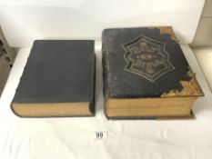 A VICTORIAN BRASS MOUNTED FAMILY BIBLE AND ANOTHER.