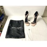 A PAIR OF LADIIES PINK YVES SAINT LAURENT HIGH HEEL SHOES, SIZE 36, WITH CLOTH TRAVEL BAG. [ AS