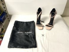 A PAIR OF LADIIES PINK YVES SAINT LAURENT HIGH HEEL SHOES, SIZE 36, WITH CLOTH TRAVEL BAG. [ AS