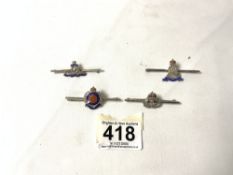FOUR SILVER MILITARY SWEETHEART BROOCHES, ONE WITH LATIN FOR " WORK CONQUERS ALL "