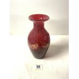 A RUBY AND GOLD FLECK DECORATED ART GLASS VASE BY - SHUDEHILL, 23CMS.