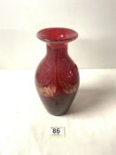 A RUBY AND GOLD FLECK DECORATED ART GLASS VASE BY - SHUDEHILL, 23CMS.