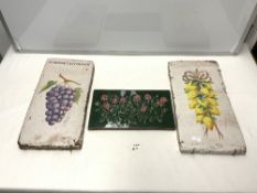 TWO LARGE STONE HAND PAINTED PLAQUES OF LEMONS AND GRAPES 37 X 19CM