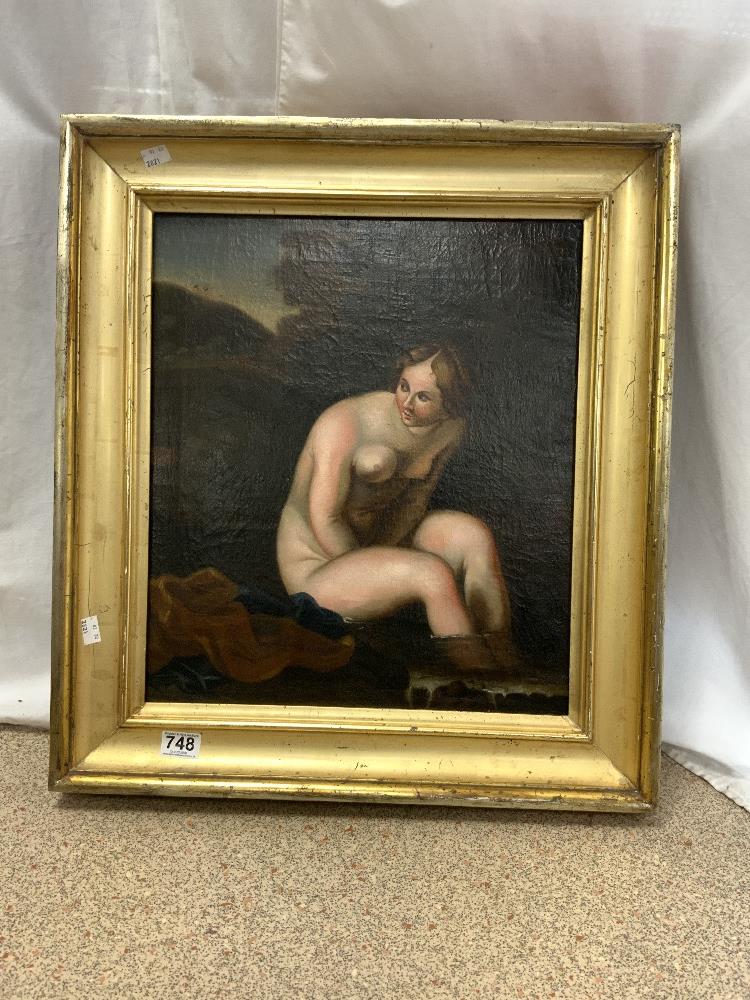 A VICTORIAN OIL ON CANVAS - NUDE LADY BATHING AT A POND, IN A GILT FRAME, 42X48.
