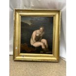 A VICTORIAN OIL ON CANVAS - NUDE LADY BATHING AT A POND, IN A GILT FRAME, 42X48.