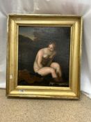 A VICTORIAN OIL ON CANVAS - NUDE LADY BATHING AT A POND, IN A GILT FRAME, 42X48.