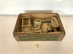 VINTAGE TIN PLATE DOLLS HOUSE FURNITURE, INCLUDES SHOWER STAND.
