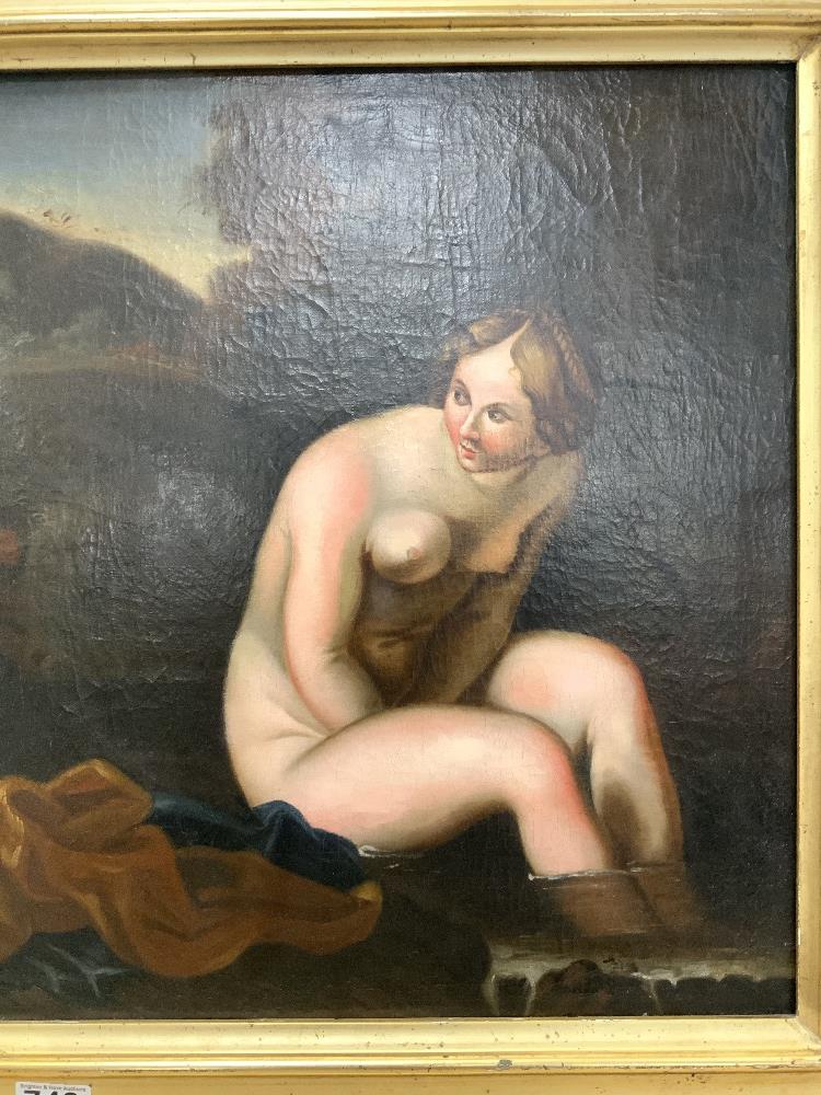 A VICTORIAN OIL ON CANVAS - NUDE LADY BATHING AT A POND, IN A GILT FRAME, 42X48. - Image 2 of 3