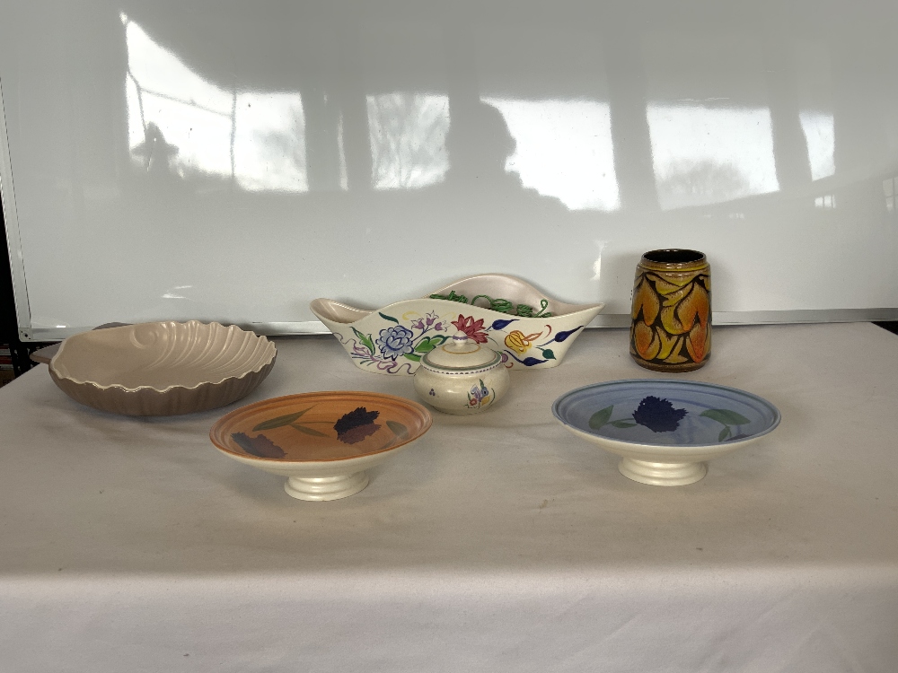 SIX PIECES OF POOLE POTTERY, INCLUDES 1970s VASES, POT AND COVER, SHELL SHAPE DISH AND TWO OTHERS. - Image 3 of 4