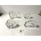 FOUR SWEDISH LEAD GLASS ANIMAL ENGRAVED PAPERWEIGHTS, BY MATS JONASSON.