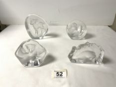 FOUR SWEDISH LEAD GLASS ANIMAL ENGRAVED PAPERWEIGHTS, BY MATS JONASSON.