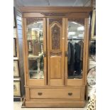 A LATE VICTORIAN SATIN WALNUT WARDROBE, WITH TWO MIRRORED DOORS AND DRAWER UNDER, WITH CARVED