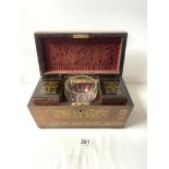 REGENCY ROSEWOOD AND BRASS INLAID SARCOPHAGUS SHAPED TEA CADDY THE INTERIOR WITH LIDDED COMPARTMENTS