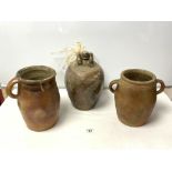 A STONEWARE BEER FLAGON, AND TWO STONEWARE HANDLED POTS.