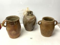 A STONEWARE BEER FLAGON, AND TWO STONEWARE HANDLED POTS.