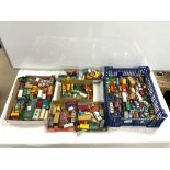 A LARGE QUANTITY OF DINKY, CORGI AND MATCHBOX TOY VEHICLES, ALL PLAY WORN.
