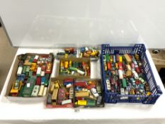 A LARGE QUANTITY OF DINKY, CORGI AND MATCHBOX TOY VEHICLES, ALL PLAY WORN.