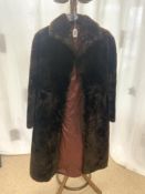 A BROWN FUR COAT BY - TESCAN FINE FURS ENGLAND.