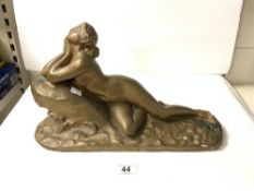 ART DECO PLASTER BRONZE EFFECT FIGURE OF A RECLINING NUDE, 44X28.