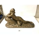 ART DECO PLASTER BRONZE EFFECT FIGURE OF A RECLINING NUDE, 44X28.