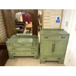 A 1930s GREEN PAINTED LIMED OAK DRESSING TABLE, 108X46X162, AND MATCHING TALLBOY WITH CHROME