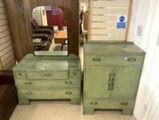 A 1930s GREEN PAINTED LIMED OAK DRESSING TABLE, 108X46X162, AND MATCHING TALLBOY WITH CHROME