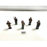 FIVE EARLY LEAD FIGURES RAILWAY STATION GUARDSMAN 7CM