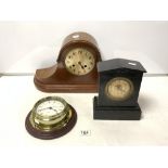 A METAMEC BRASS SHIPS STYLE CLOCK, A MAHOGANY MANTEL CLOCK, AND A SMALL SLATE MANTEL CLOCK.