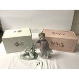 A NAO PORCELAIN FIGURE OF BOY WITH TEDDY BEAR, 19CMS, AND NAO PORCELAIN FIGURE OF SWANS.