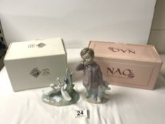 A NAO PORCELAIN FIGURE OF BOY WITH TEDDY BEAR, 19CMS, AND NAO PORCELAIN FIGURE OF SWANS.