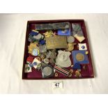 A BRASS INDIAN HEAD BELT BUCKLE, MEDALS FOR ARCHERY, MIXED BADGES, RONSON LIGHTER, AND MORE.