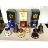 SIX COMMEMORATIVE BELLS WHISKY DECANTERS FULL AND IN ORIGINAL BOXES, 1992,1995,1996,1997,1998, AND