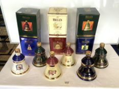 SIX COMMEMORATIVE BELLS WHISKY DECANTERS FULL AND IN ORIGINAL BOXES, 1992,1995,1996,1997,1998, AND