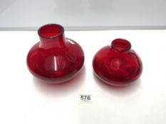 TWO BULBUS SHAPED RUBY RED WHITEFRIARS VASES LARGEST 18CM