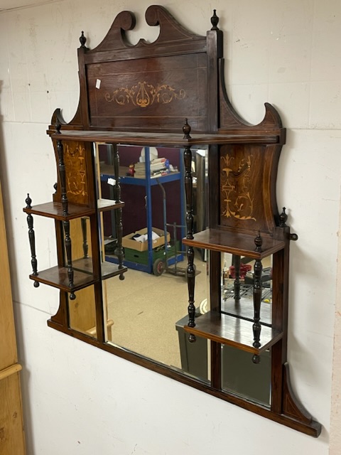 VINTAGE WOODEN OVERMANTLE MIRROR WITH DECORATIVE INLAY AND BEVELLED GLASS - Image 3 of 3