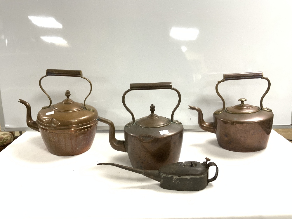 THREE VICTORIAN COPPER KETTLES, AND OLD TIN OIL DISPENSER. - Image 2 of 4