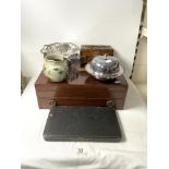 A MAHOGANY CANTEEN BOX (EMPTY), A SILVER PLATED MUFFIN DISH, A CARVED BOX, AND MORE.