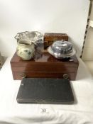 A MAHOGANY CANTEEN BOX (EMPTY), A SILVER PLATED MUFFIN DISH, A CARVED BOX, AND MORE.