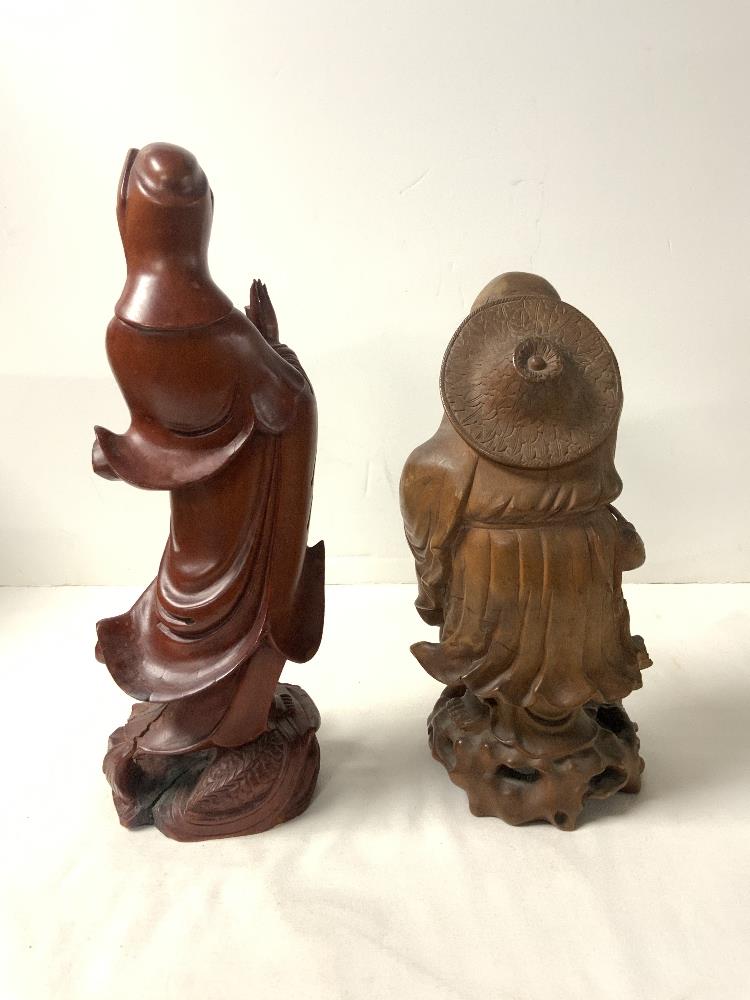 TWO VINTAGE CARVED WOODEN CHINESE FIGURES LARGEST 33CM - Image 3 of 5