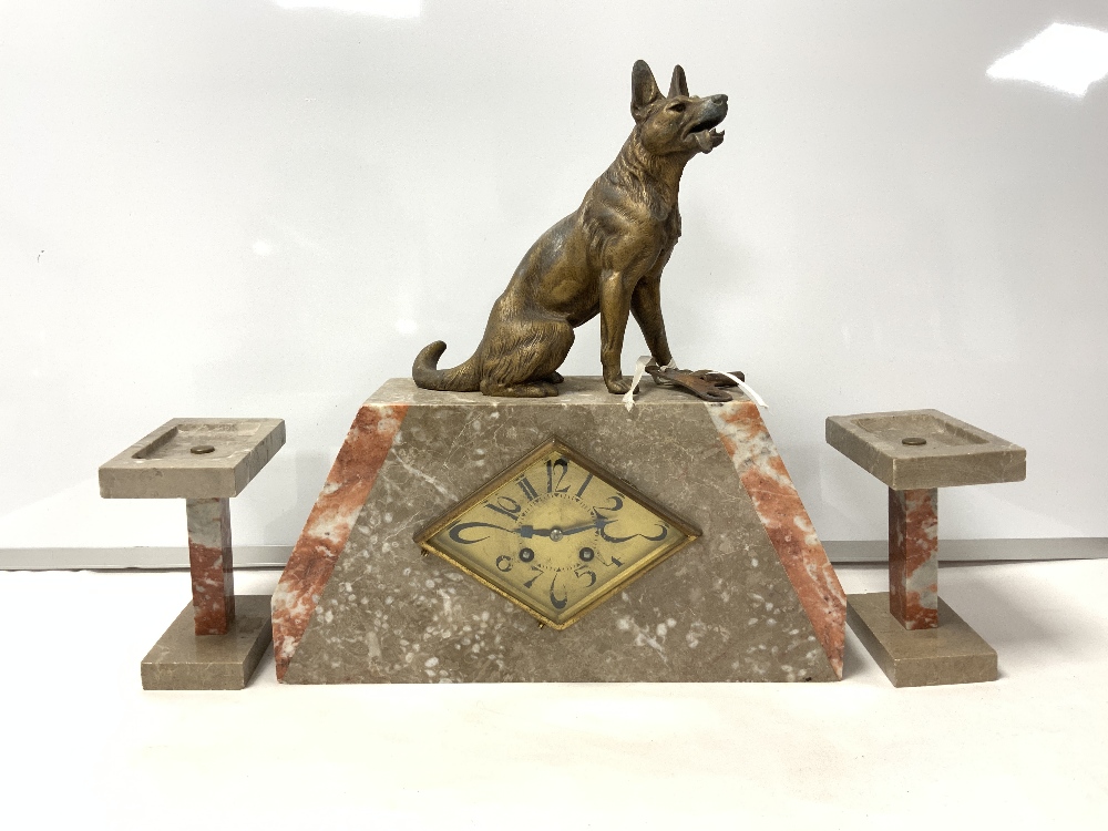 A FRENCH ART DECO SPELTER DOG MOUNTED TWO COLOUR MARBLE THREE PIECE CLOCK GARNITURE. - Image 2 of 8