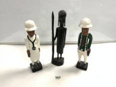 THREE WOODEN CARVED FIGURES LARGEST 34CM