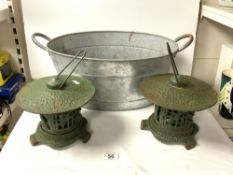 A PAIR OF IRON MUSHROOM SHAPE GARDEN LANTERNS, AND