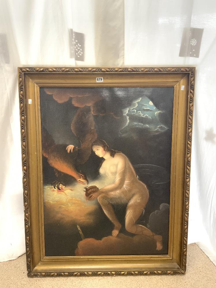 A 19TH-CENTURY OIL ON CANVAS STUDY OF A NUDE AND EAGLE, IN A GILT FRAME, 76X102.