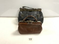 SMALL BROWN LEATHER GLADSTONE BAG, AND ANOTHER BLACK LEATHER GLADSTONE BAG.