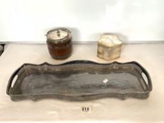 A SILVER-PLATED RECTANGULAR GALLERIED DRINKS TRAY, A SILVER-PLATED TEA CADDY, AND A SILVER-PLATED